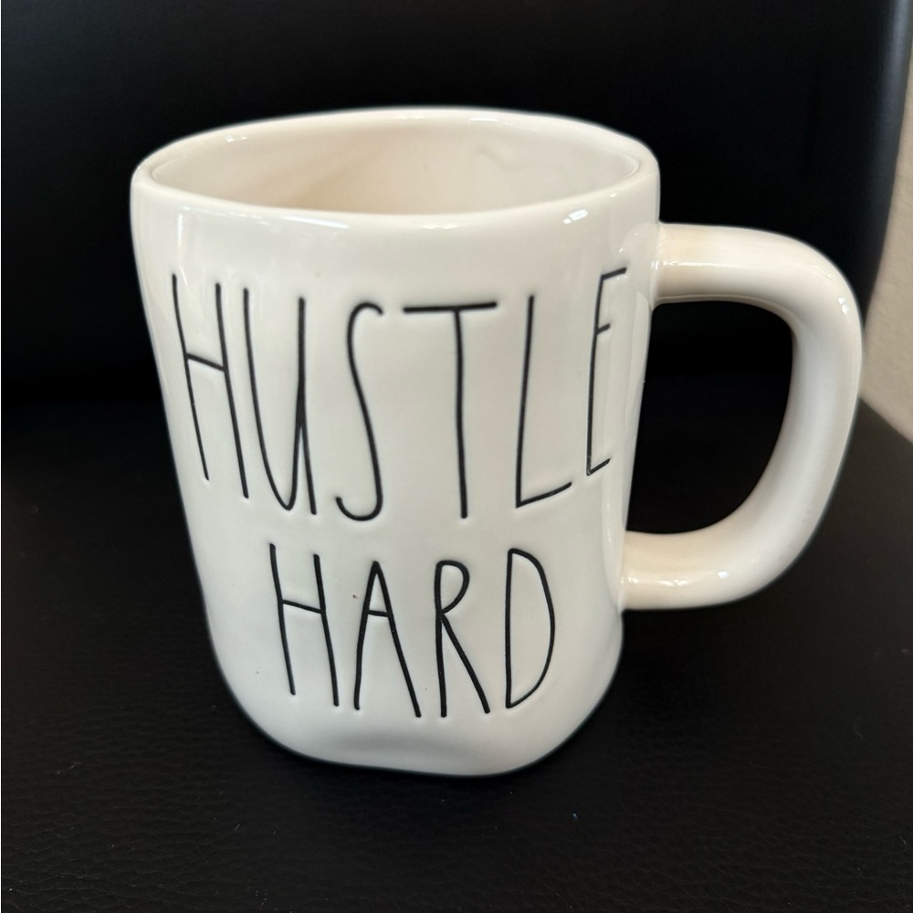 Rae Dunn Cream Mug with 'Hustle Hard' Text
